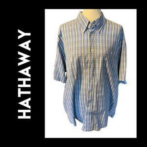 Hathaway Blue Checkered Short Sleeve Button Down 100% Cotton Shirt Size XXL- EUC